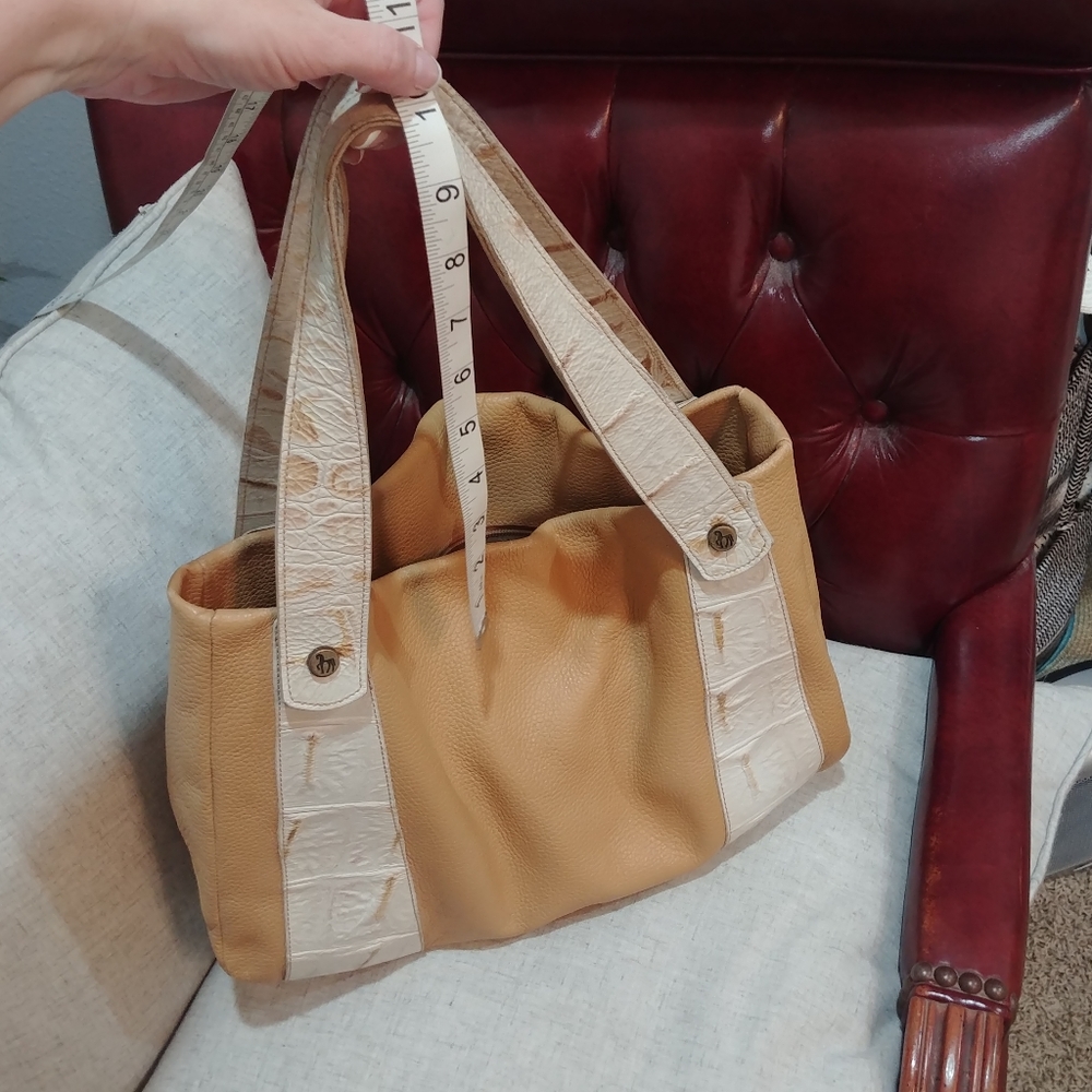 Petusco genuine Spanish leather tan & white double strap roomy handbag